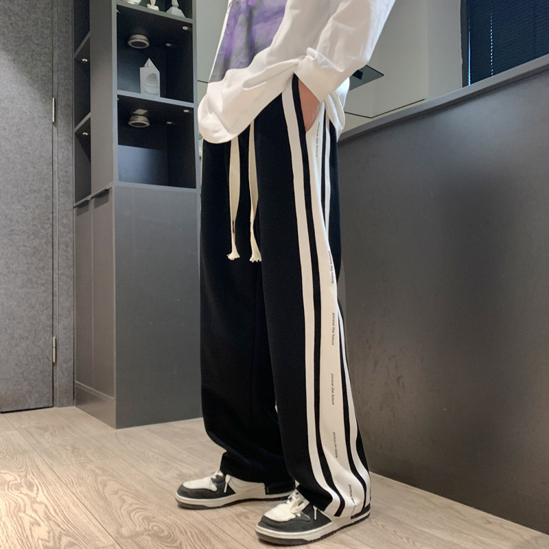 秋季卫裤男美式高街oversize潮条纹直筒运动裤子潮-K658-P45白,男装休闲裤,星座307-3(原516-1)