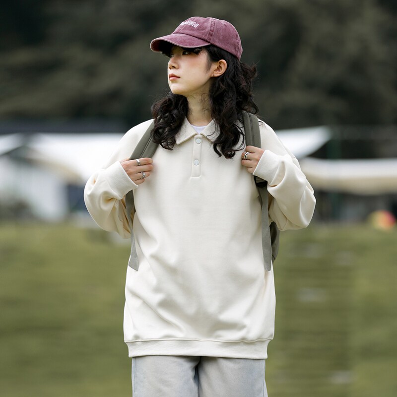 卫衣男女翻领POLO衫长袖23秋季上衣日系宽松情侣装-2388-米杏P55图片