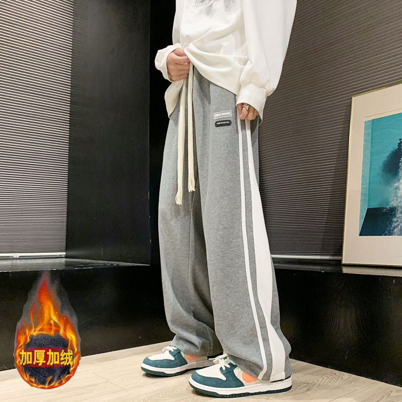 裤子男冬季加绒加厚条纹休闲裤直筒阔腿裤高街卫裤潮-JR332-P55灰图片