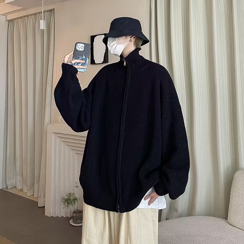 开衫毛衣男冬季日系复古宽松针织衫外穿拉链线衣外套-M653-P58黑,男装针织衫/毛衣,星座307-3(原516-1)