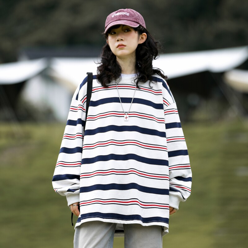 280G重磅长袖条纹情侣t恤秋山系cityboy宽松打底衫-2393-米白P58,男装卫衣,星座307-3(原516-1)