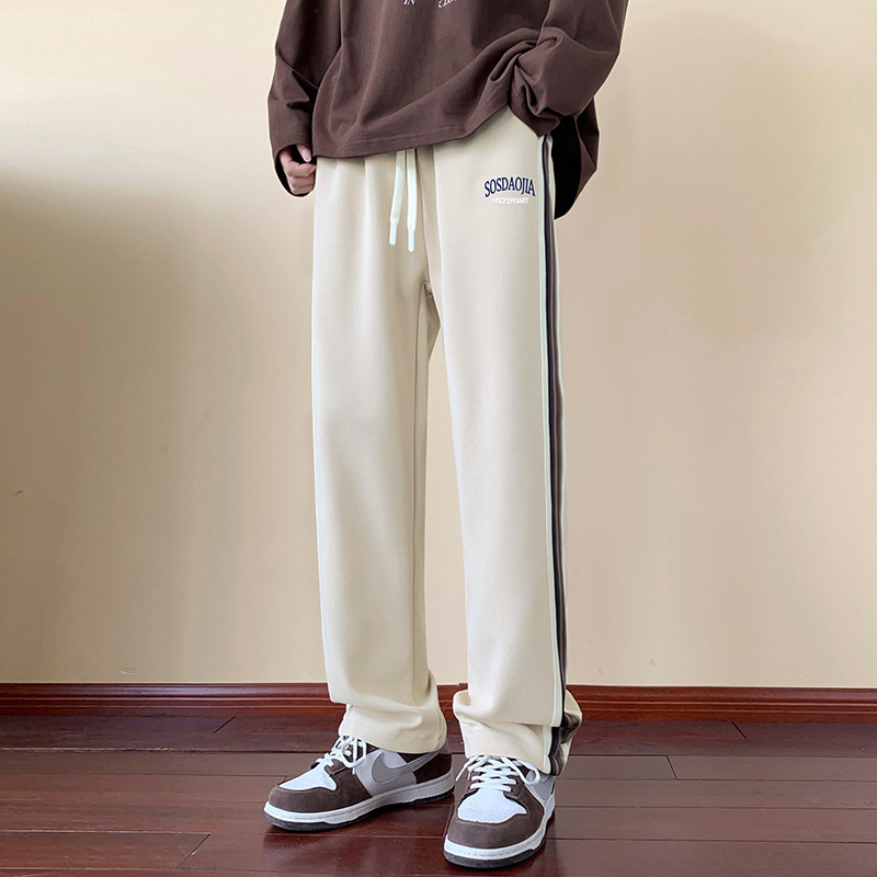 直筒大码条纹卫裤男春秋季美式潮牌高街运动休闲长裤-K875-P50杏,男装休闲裤,星座307-3(原516-1)