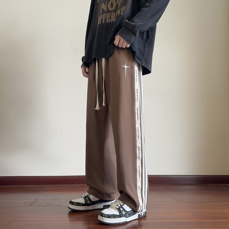 美式直筒裤子高街复古运动裤秋季条纹男生休闲长裤-K673-P35米白,男装休闲裤,星座307-3(原516-1)