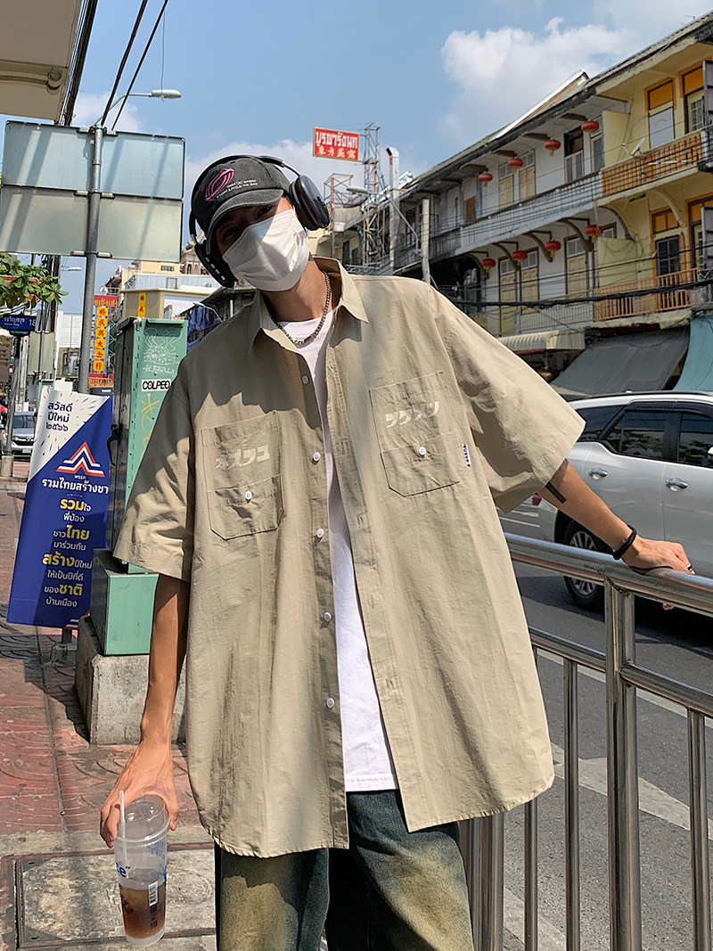 短袖衬衫男夏季2023日系男生休闲工装宽松半袖外套-CS30-P35卡其图片