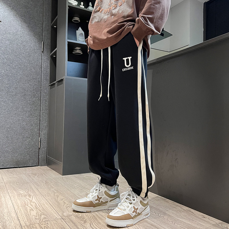 复古侧面条纹拼接抽绳束脚裤男潮牌街头宽松休闲卫裤-K653-P50黑,男装休闲裤,星座307-3(原516-1)