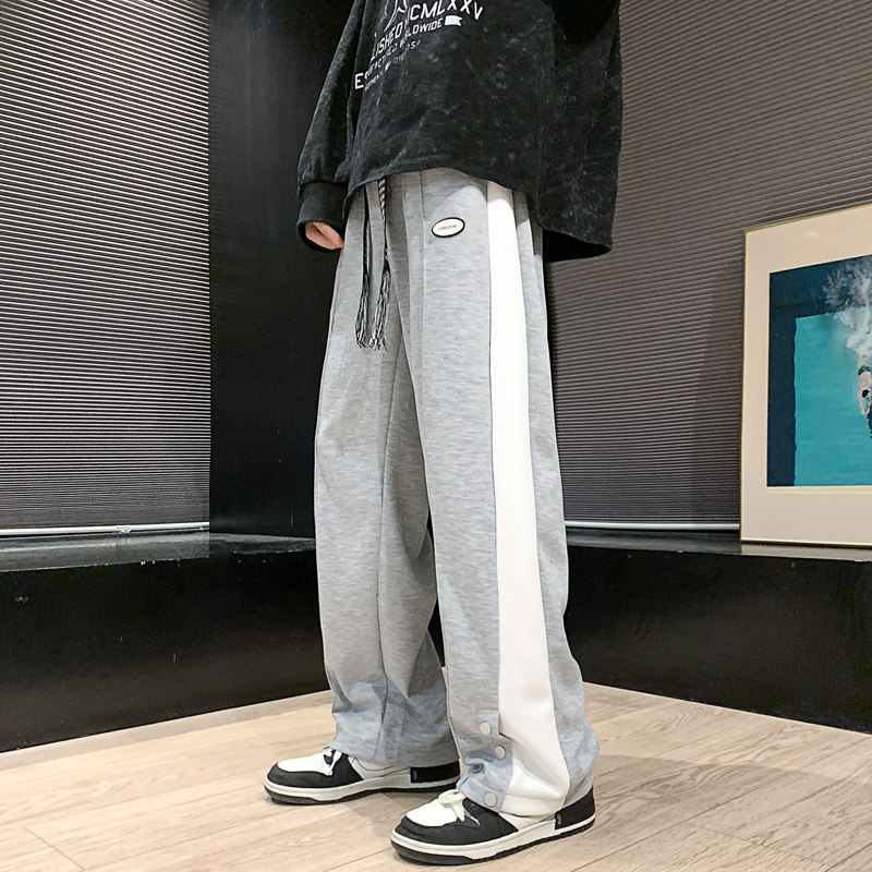 侧边排扣开衩织带条纹休闲长裤男春季美式高街直筒裤-K655-P48灰,男装休闲裤,星座307-3(原516-1)