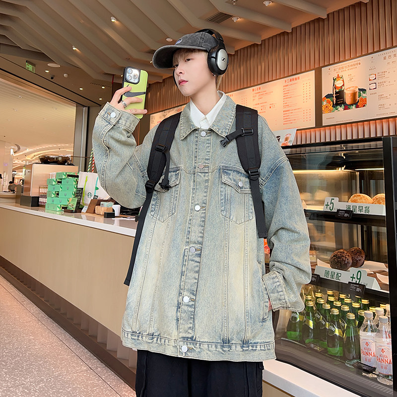 2024春季牛仔外套男港风宽松上衣服高街休闲夹克潮-J15-P68烟灰,男装夹克,星座307-3(原516-1)