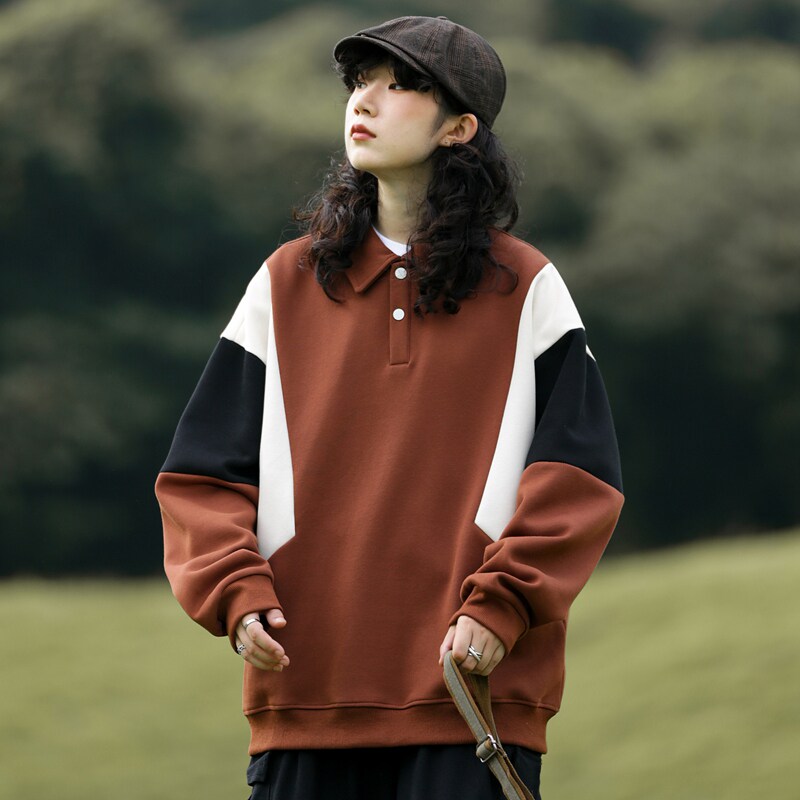 山系男女情侣款上衣设计感翻领23秋季拼接撞色卫衣-2385-米杏P55,男装卫衣,星座307-3(原516-1)