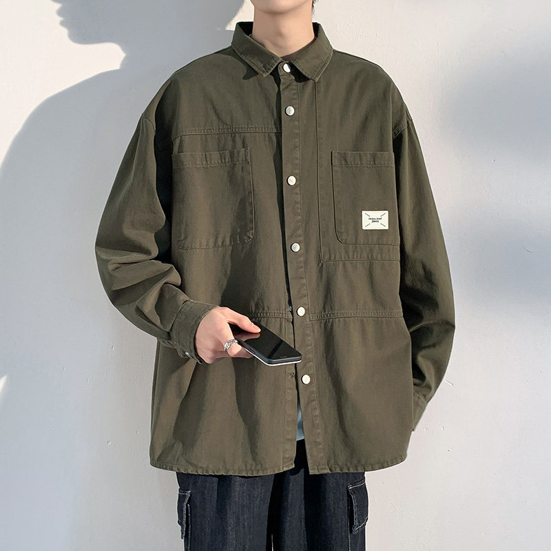 重磅水洗纯棉衬衫男日系休闲复古工装青年宽松外套男-CS620-P70黑,男装衬衫,星座307-3(原516-1)