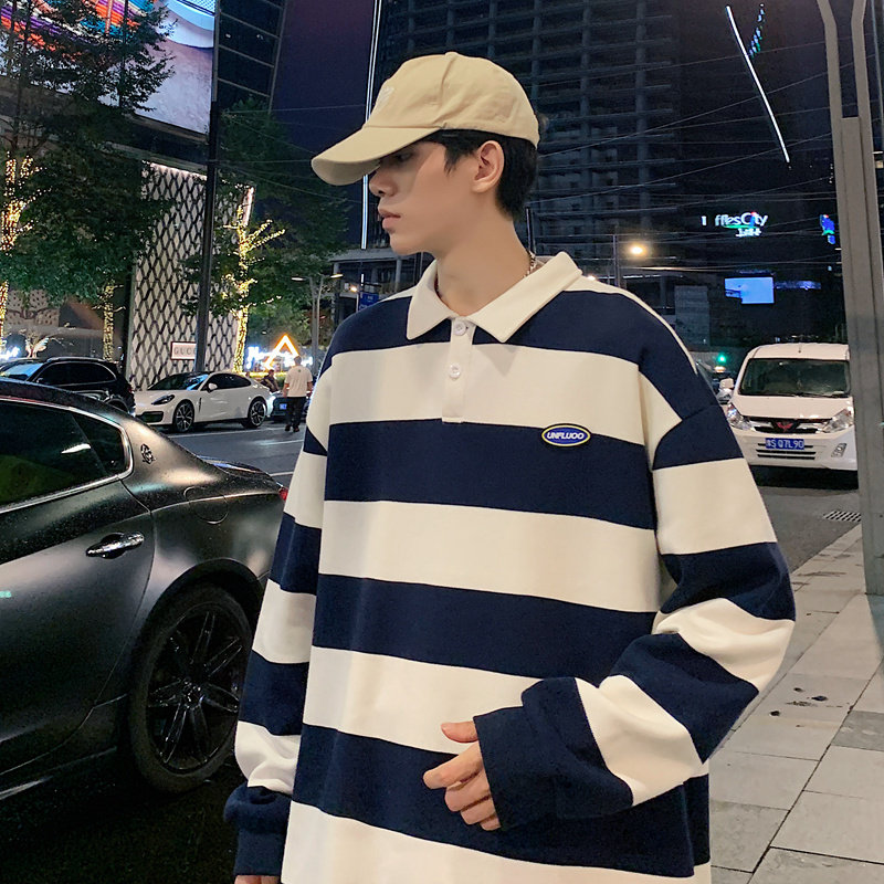 秋装男士polo衫翻领拼色条纹字母卫衣少年学生衣服-2381-咖啡P55,男装卫衣,星座307-3(原516-1)