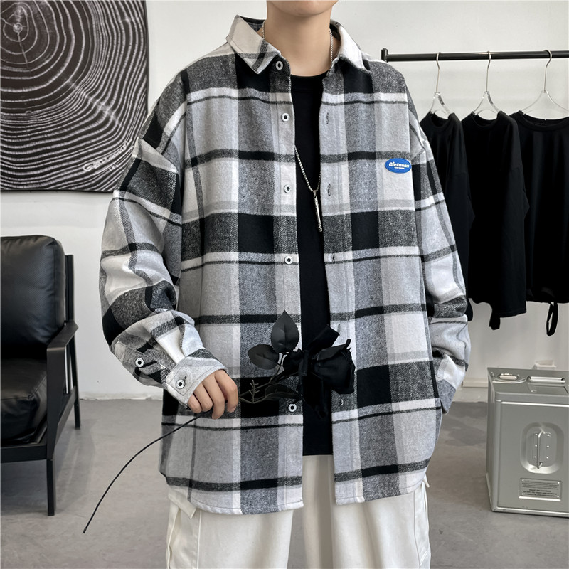 长袖格子衬衫男生春季潮牌ins宽松休闲韩版衬衣外套-CS612-P48-灰,男装衬衫,星座307-3(原516-1)
