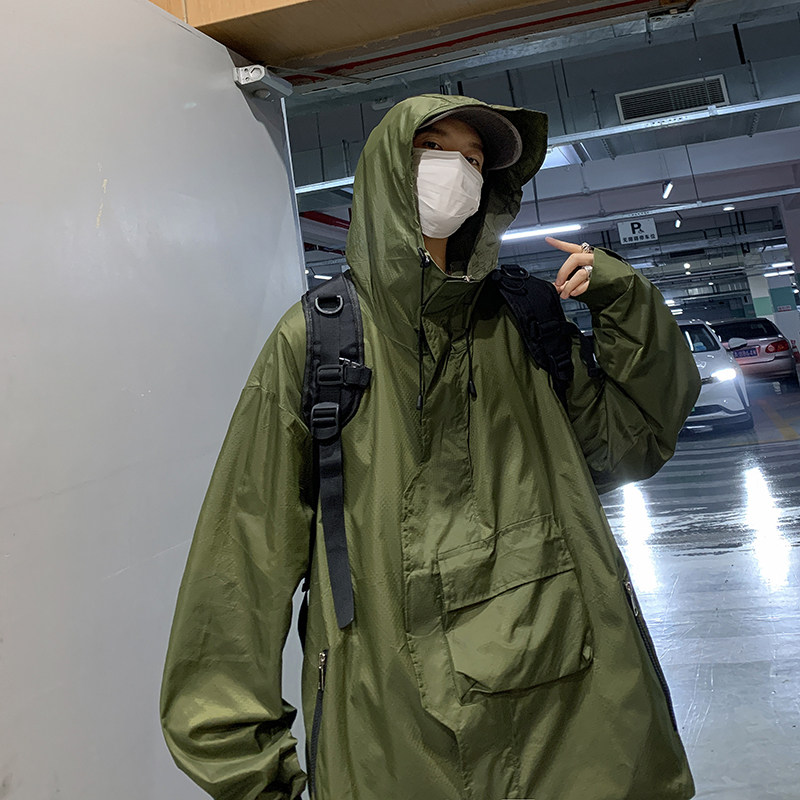 运动防晒衣男士夏季薄款宽松日系cityboy工装防晒服-F77-P48军绿图片