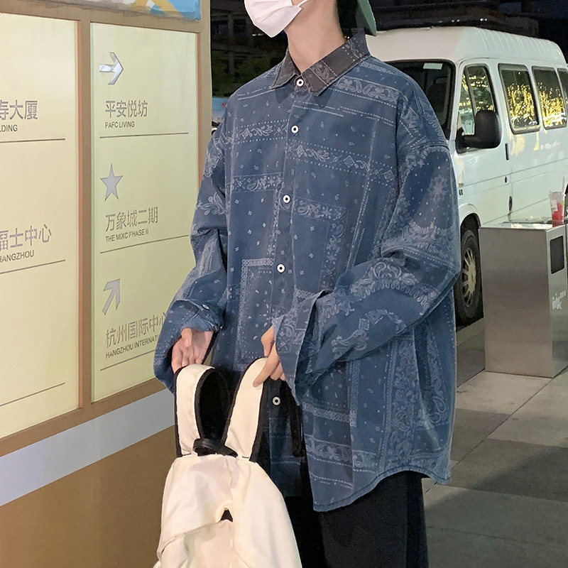 美式复古拼接长袖衬衫男女秋季港风情侣衬衣外套-CS616-P58-蓝色,男装衬衫,星座307-3(原516-1)