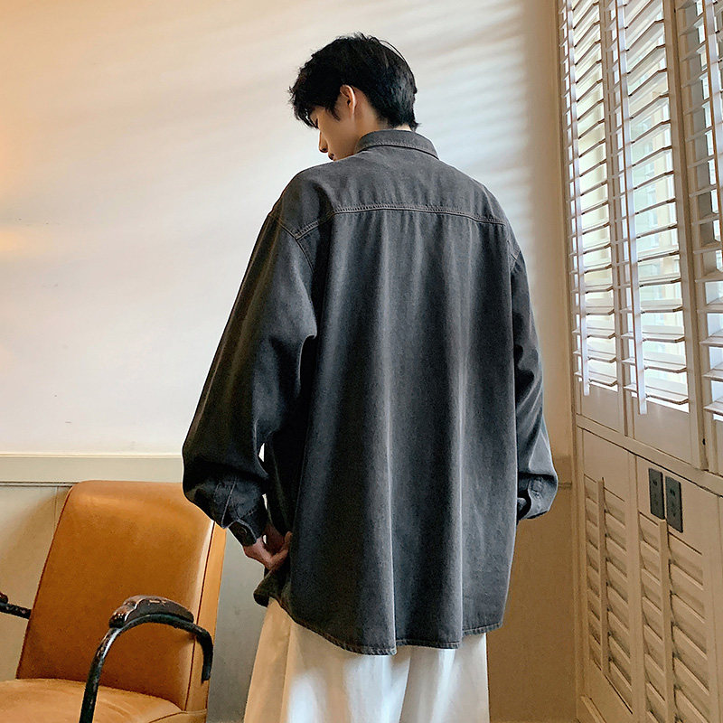 牛仔长袖衬衫男秋季美式韩版简约短袖衬衣港风宽松-CS622-P60黑,男装衬衫,星座307-3(原516-1)