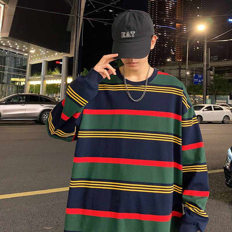 280G重磅长袖卫衣条纹情侣t恤秋cityboy宽松打底衫-2393-宝蓝P58,男装卫衣,星座307-3(原516-1)