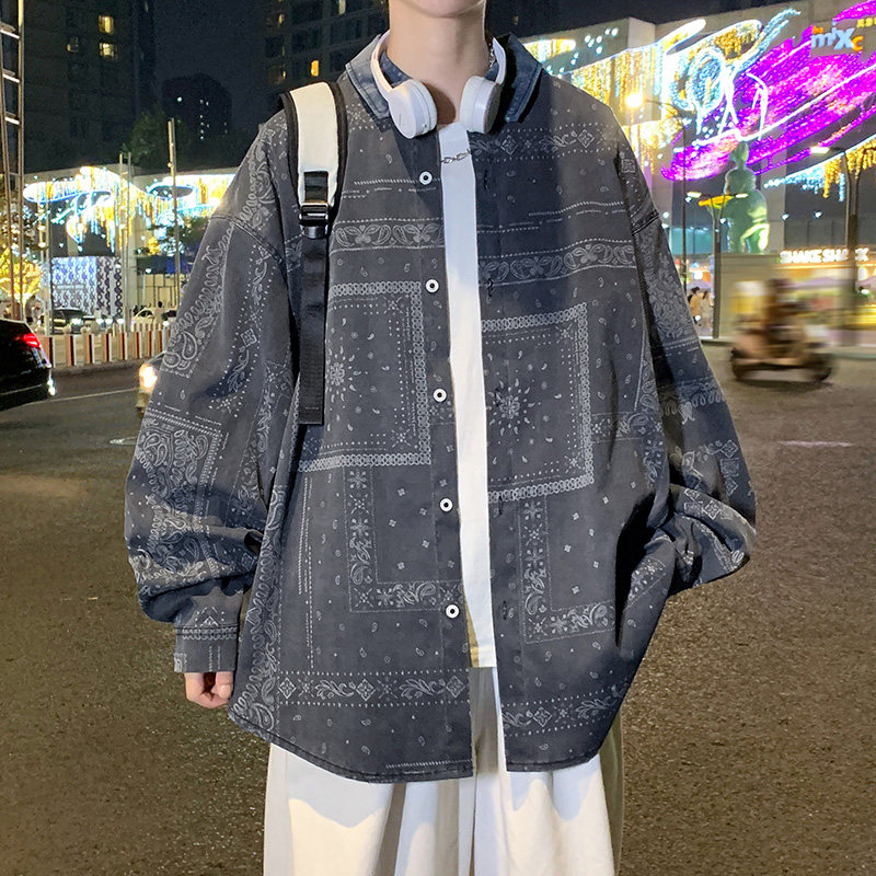 秋季潮流衬衫夹克港风印花街头立领长袖衬衣夹克-CS616-P58-深灰图片