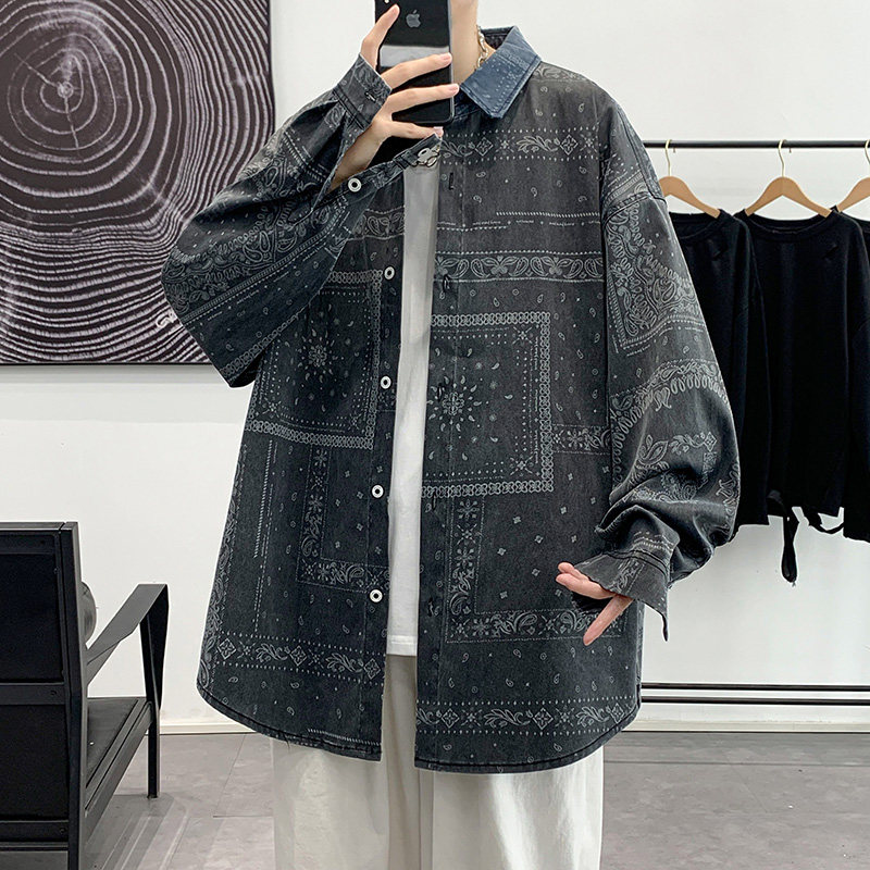 长袖衬衫男春季港风ins潮牌衬衣服宽松休闲工装外套-CS616-P58-灰图片
