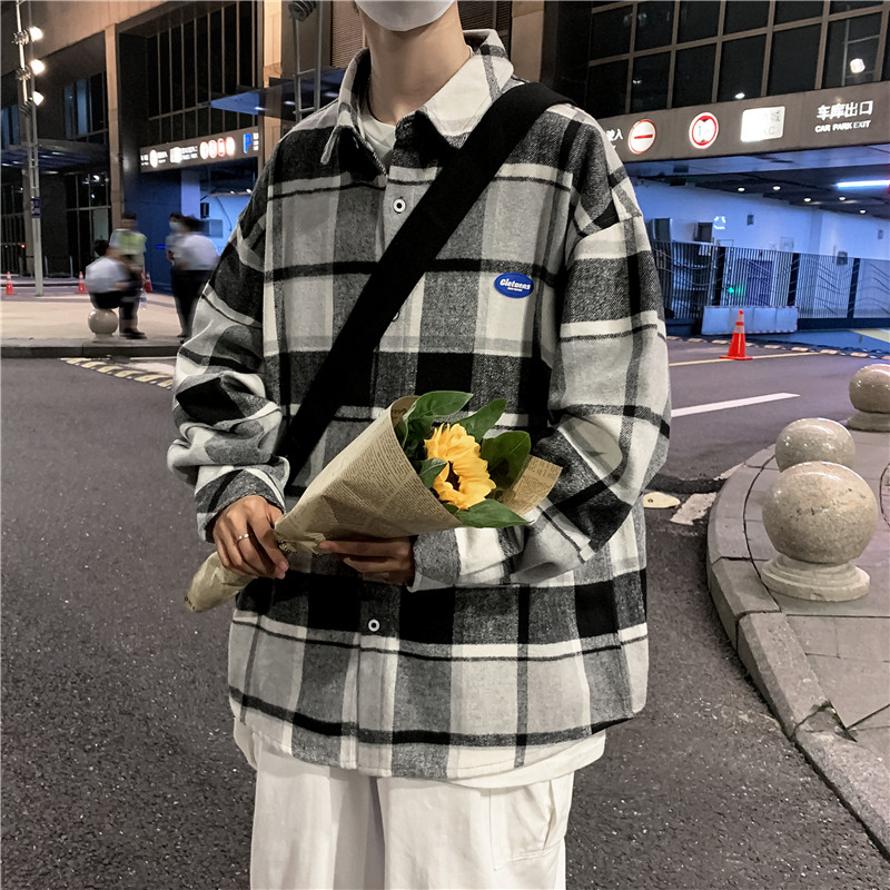 港风ins格子衬衫男长袖潮流百搭衬衣宽松春秋外套-CS612-P48-灰色图片