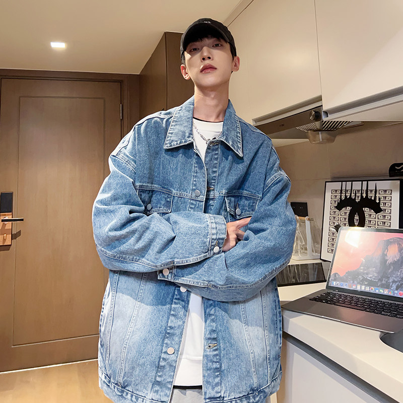 2024春季牛仔外套男港风宽松上衣服潮流韩版高街夹克潮-J15-P68蓝图片