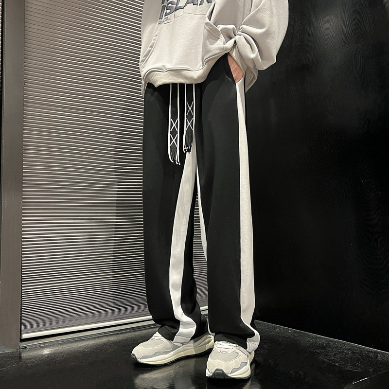潮流侧边条纹裤子男春秋宽松大码直筒长裤休闲卫裤潮-K615-P50白,男装休闲裤,星座307-3(原516-1)