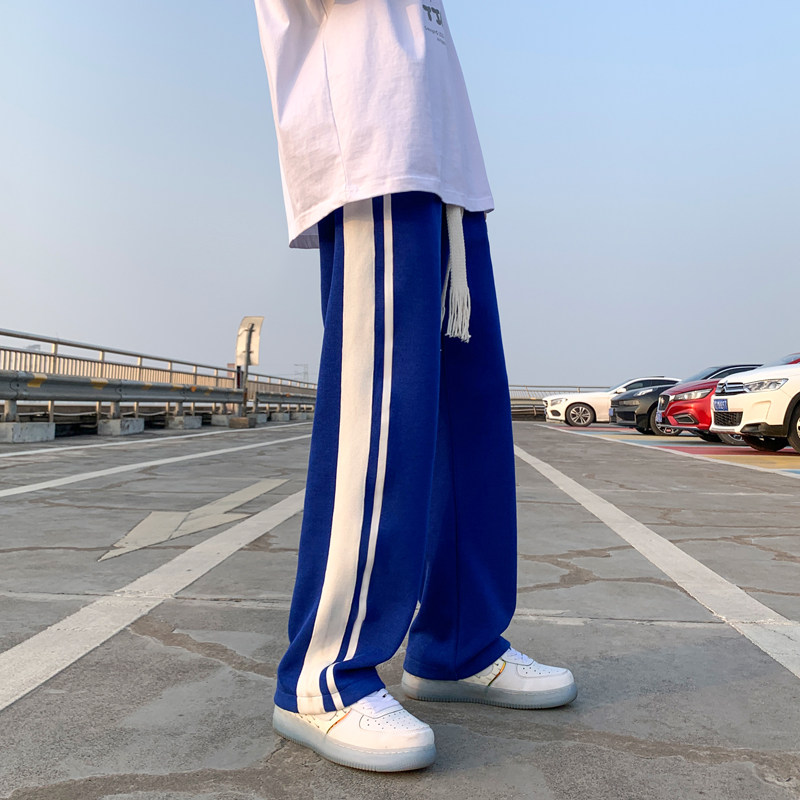 裤子男秋侧条纹休闲裤宽松直筒阔腿裤大码高街卫裤-K332-P45卡其,男装休闲裤,星座307-3(原516-1)