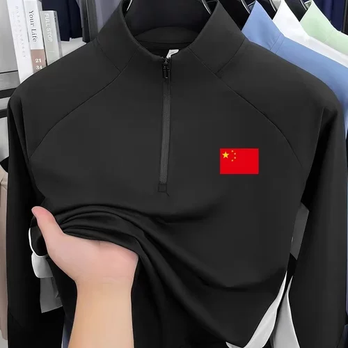 国旗春秋新款磨绒长袖T恤男女款半拉链立领卫衣运动打底休闲上衣