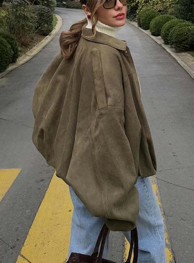 2025秋季新款女装休闲百搭绒面质感效果飞行员夹克麂皮绒ins外套