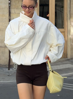 白色立领外套女宽松长袖春秋薄款上衣时尚ins风慵懒风夹克2025新