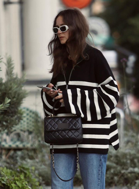 半拉链毛衣女套头领口法式黑色条纹春秋高领2025年新款慵懒针织