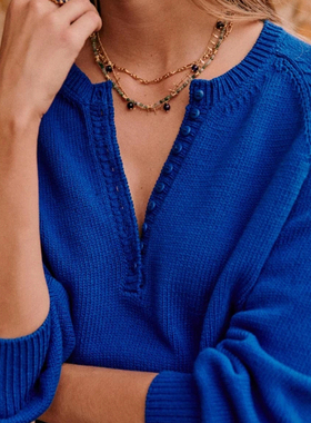 克莱因蓝毛衣法式针织炸街毛衣V领宽松慵懒高级设计感小众短上衣