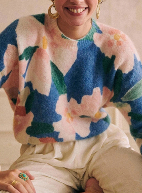 法式印花毛衣女套头羊毛马海毛短款宽松慵懒风温柔复古针织上衣