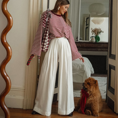 法式条纹显瘦垂感阔腿裤套装女