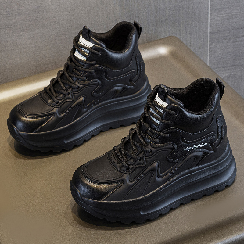 厚底内增高老爹鞋女2025新款秋冬加绒真皮黑色轻便高帮休闲运动鞋