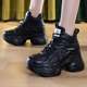 女2025年新款 秋冬季 加绒真皮爆款 厚底内增高老爹鞋 黑色高帮运动鞋