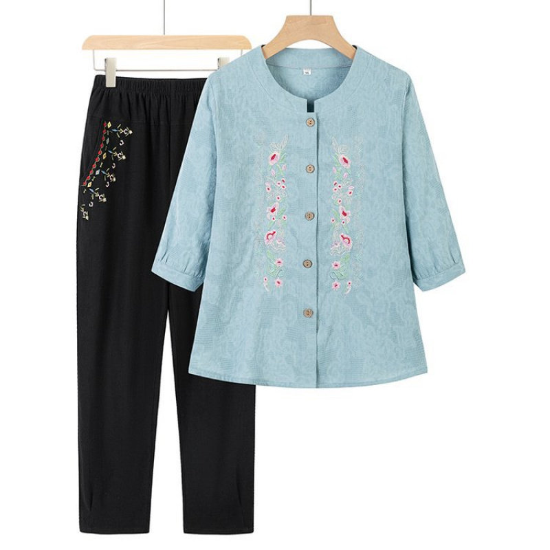 奶奶装夏装衬衫套装中老年人衣服女老太太衬衣妈妈棉麻上衣服薄款