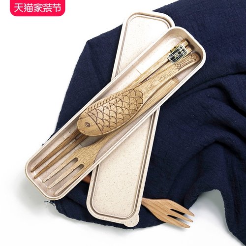 日式原木筷子勺子礼盒套装和风麦秸秆便携餐具木勺叉子实木筷勺叉-封面