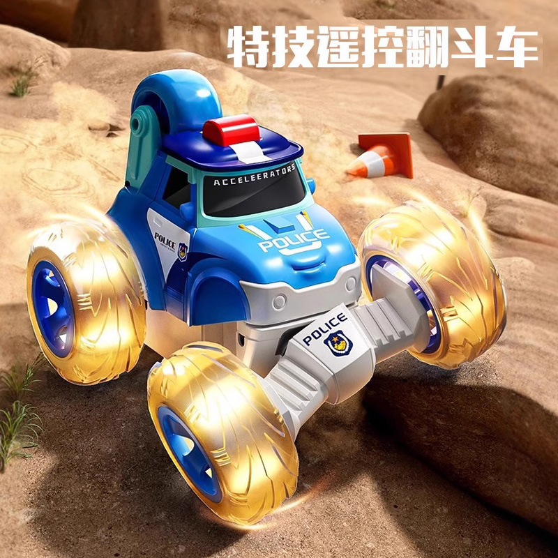 珀利警长poli特技翻斗车玩具儿童遥控翻滚充电动喷雾漂移警车男孩