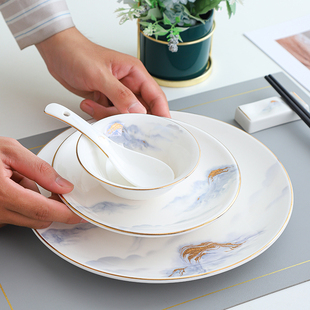 金边陶瓷摆台餐具新中式饭店酒店会所餐厅商用三件套碗碟套装定制