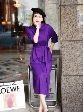 JW爆款罗马高领宽松版能穿150斤黑色红色紫色焦糖色五分袖连衣裙