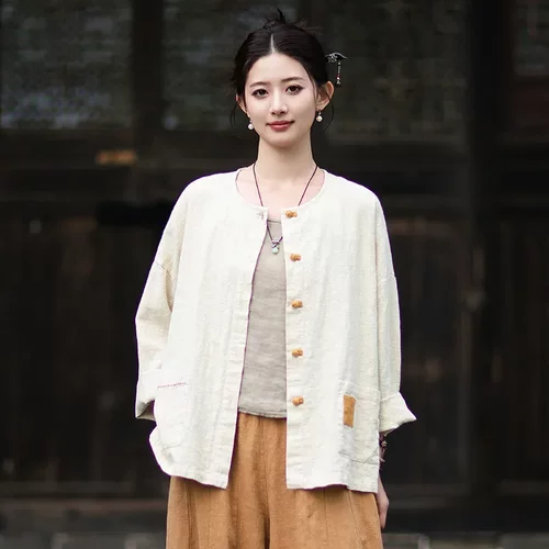 2026秋季棉麻女装新款文艺复古撞色盘扣开衫女式宽松贴布外套衬衫