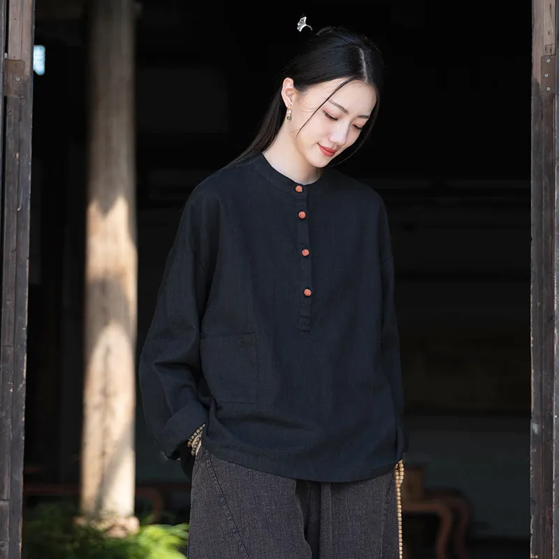 春夏棉麻女装新品亚麻立领拼色盘衬衫