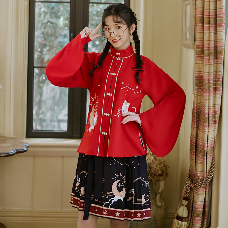 6660喵酱 国风明制绣花立领对襟一片式百迭短裙汉元素 汉服女套装