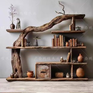 香樟木博古架置物架侘寂风复古实木多层博古架创意特色摆件定制
