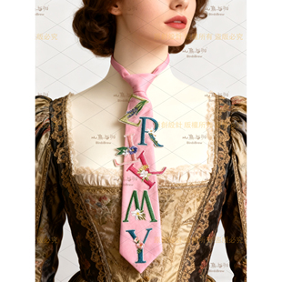 儿童领带衬衫成人文艺小众学院休闲配饰粉色设计森系个性刺绣字母