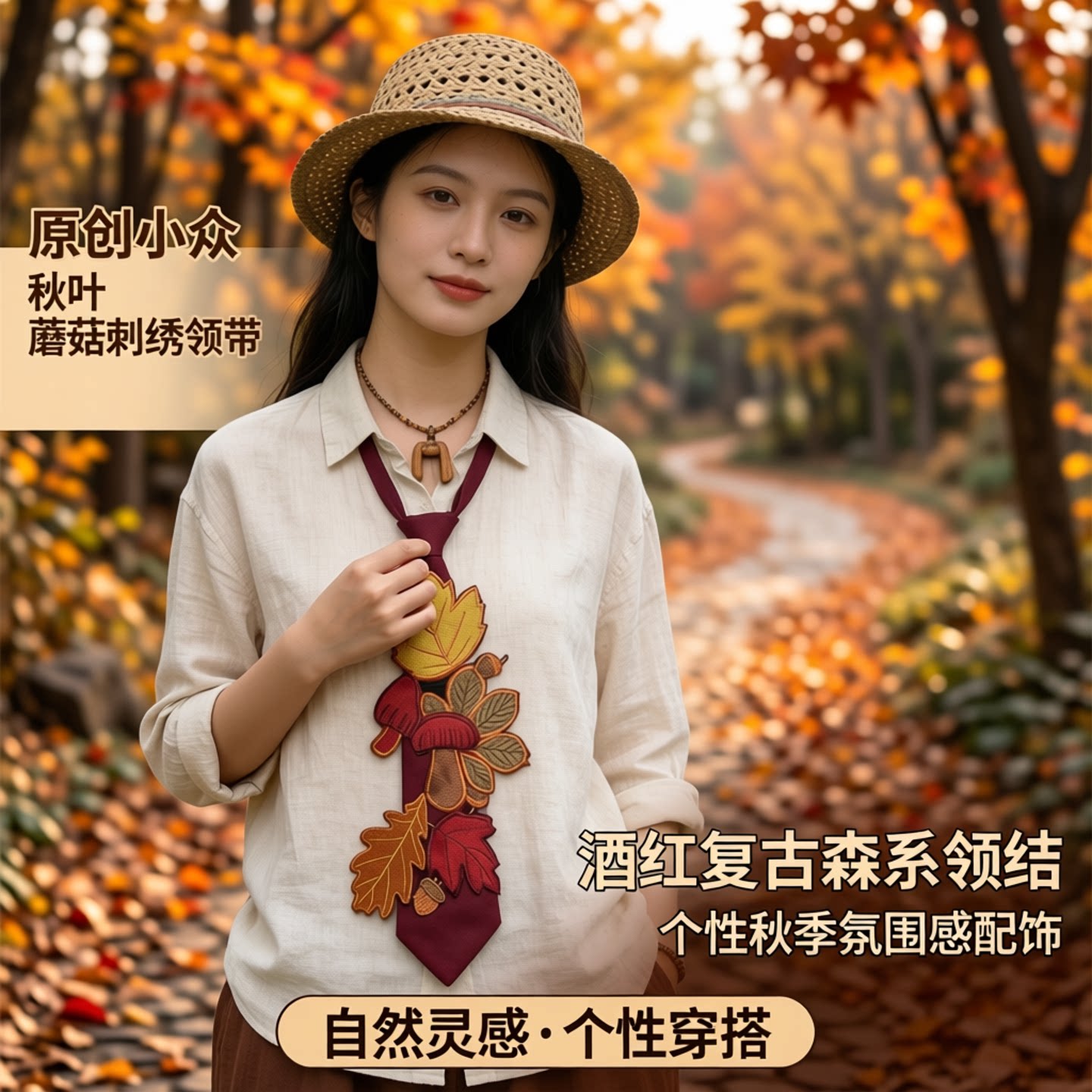 原创小众秋叶蘑菇刺绣领带 酒红复古森系领结 个性秋季氛围感配饰