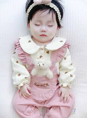 婴儿连体衣服秋款女宝宝假两件超萌可爱双层春秋哈衣外边爬服套装