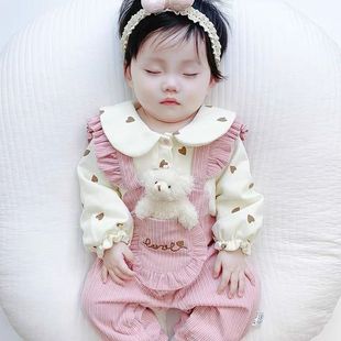 婴儿连体衣服秋款女宝宝假两件超萌可爱双层春秋哈衣外边爬服套装