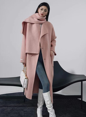 100%羊毛呢大衣女2025秋冬新款围巾韩版宽松气质高端双面羊绒外套