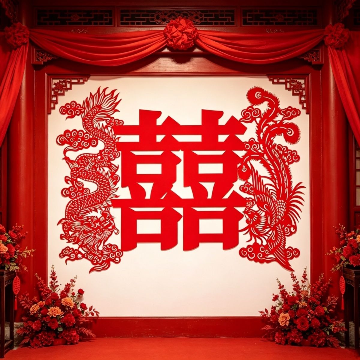 超大龙凤植绒方喜字床头沙发电视背景墙中式婚礼国潮农村院落装饰