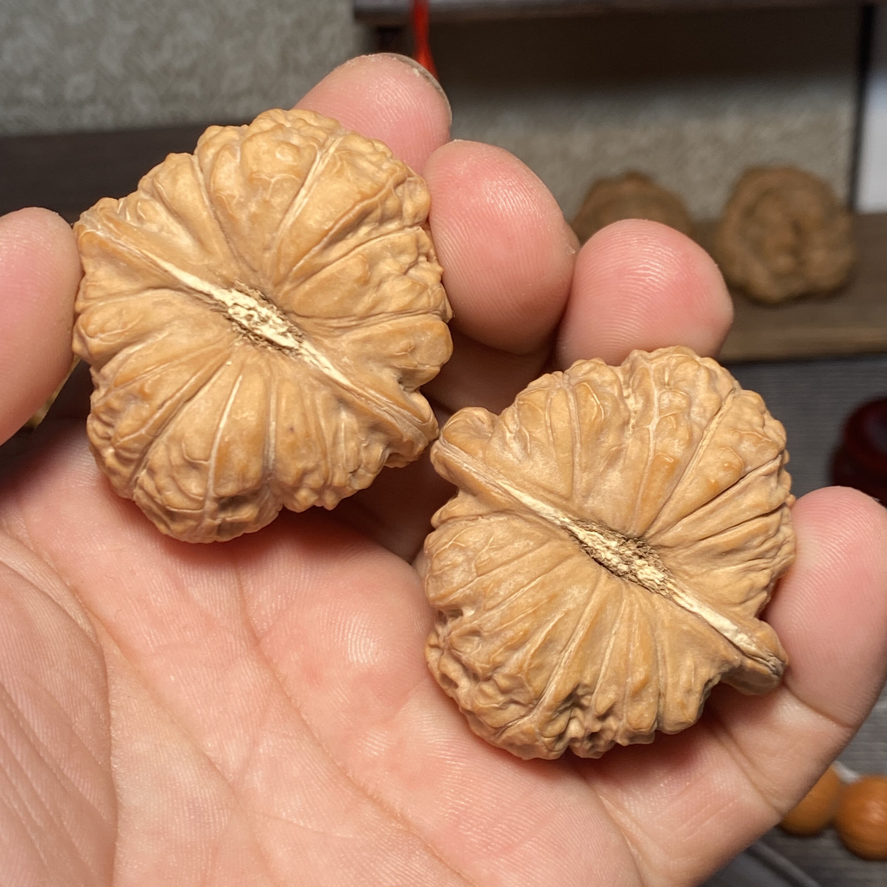 A2南瓜墩狮子头全品文玩核桃红皮山地果手把件一物一图中桩无药果